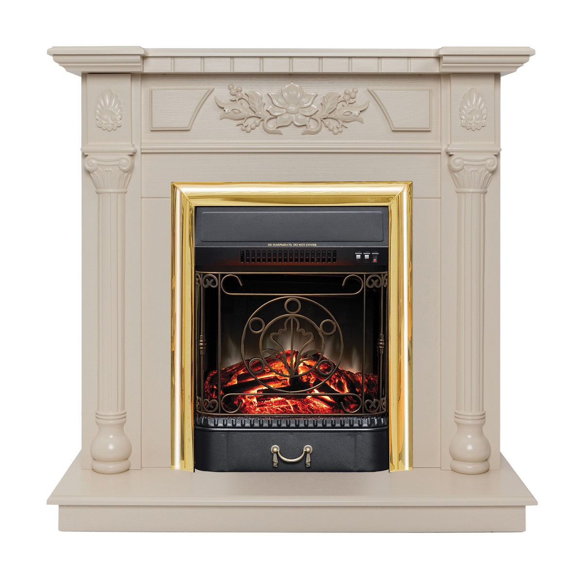 Электрокамин RealFlame Dacota WT белый дуб с очагом Majestic Lux Brass