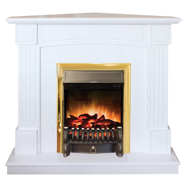Электрокамин RealFlame Andrea Corner WT фактурный белый с очагом Fobos Lux Brass