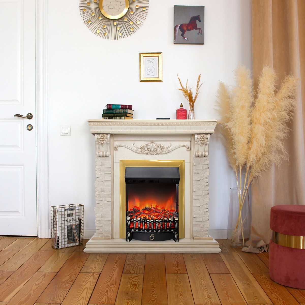 Электрокамин RealFlame Patricia WT белый дуб с золотой патиной с очагом Fobos Lux BR S