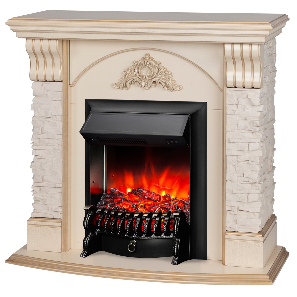 Электрокамин RealFlame Athena WT белый дуб с золотой патиной с очагом Fobos Lux Black