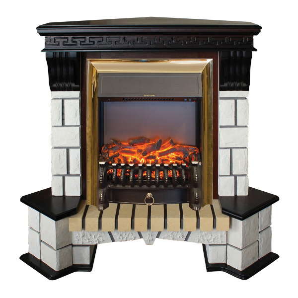 Электрокамин RealFlame Stone Coner AO античный дуб с очагом Fobos Lux Brass