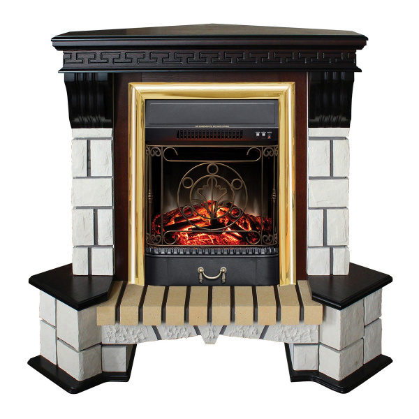 Электрокамин RealFlame Stone Corner STD AO античный дуб с очагом Majestic Lux Brass