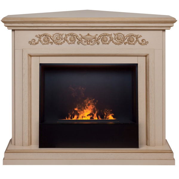 Электрокамин RealFlame Leticia Corner 26 WT белый дуб с золотой патиной с очагом 3D Cassette 630 Black Panel