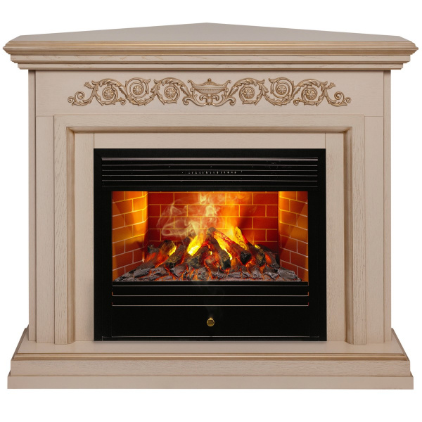 Электрокамин RealFlame Leticia Corner 26 WT белый дуб с золотой патиной с очагом 3D Novara