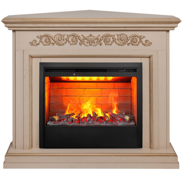 Электрокамин RealFlame Leticia Corner 26 WT белый дуб с золотой патиной с очагом 3D Helios 26