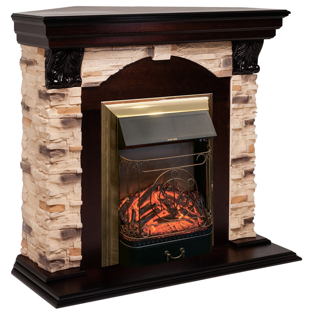 Электрокамин RealFlame Dublin Corner Rock AO античный дуб с очагом Majestic Lux Brass