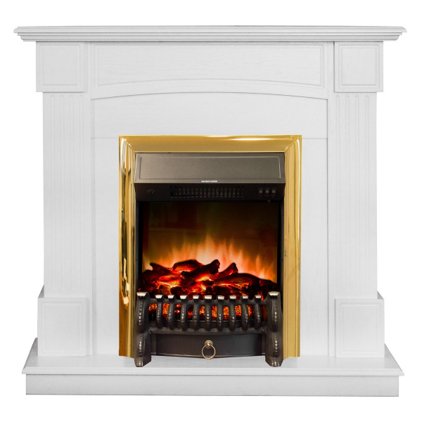 Электрокамин RealFlame Andrea WT фактурный белый с очагом Fobos Lux Brass