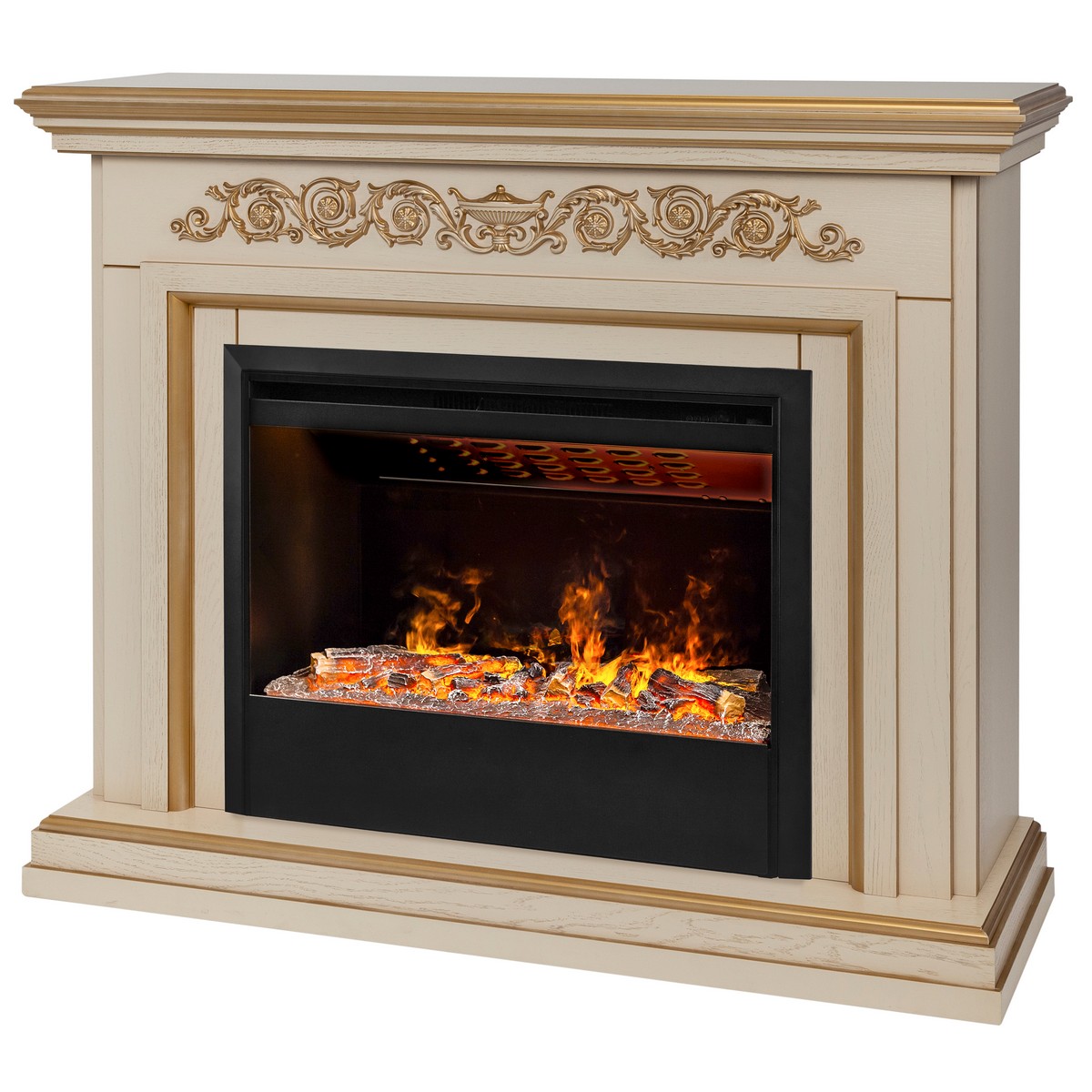Электрокамин RealFlame Leticia 26 WT белый дуб с золотой патиной с очагом 3D Helios 26 SBG