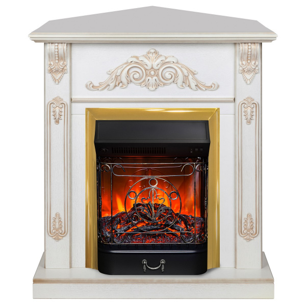 Электрокамин RealFlame Anita Corner WT дуб белый с золотой патиной с очагом Majestic Lux Brass