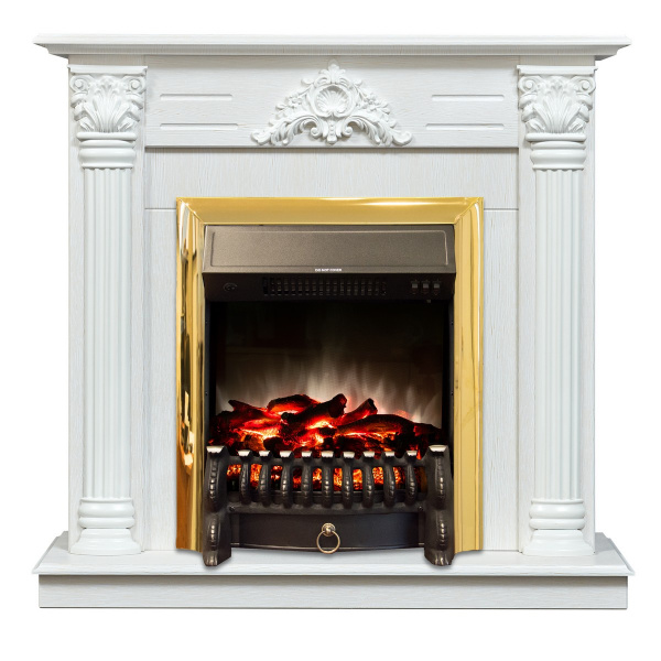 Электрокамин RealFlame Stefania WT белое золото с очагом Fobos Lux Brass