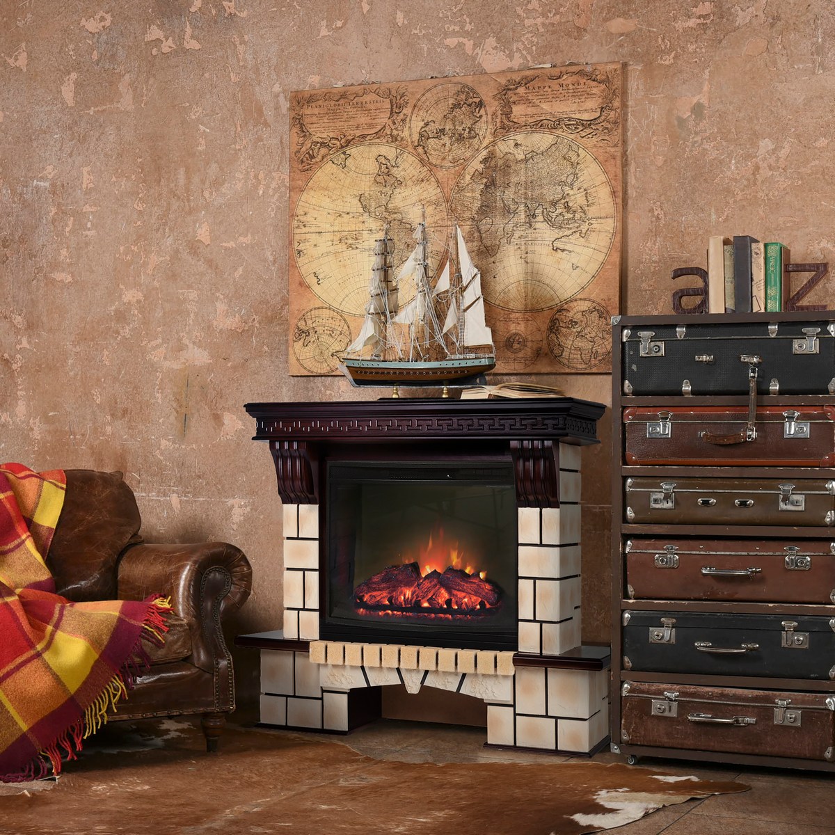 Электрокамин RealFlame Stone Brick AO античный дуб с очагом Evrika 25,5 LED