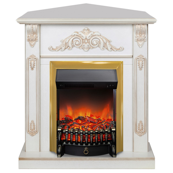 Электрокамин RealFlame Anita Corner WT дуб белый с золотой патиной с очагом Fobos Lux Brass