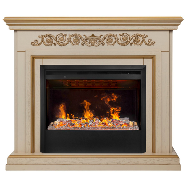 Электрокамин RealFlame Leticia 26 WT белый дуб с золотой патиной с очагом 3D Helios 26 SBG
