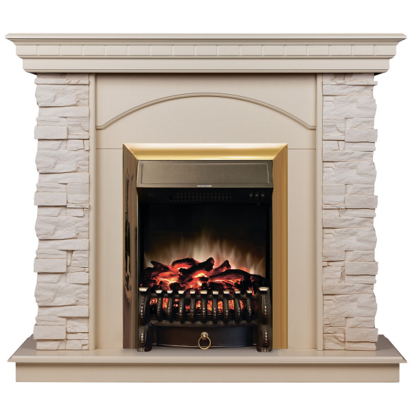 Электрокамин RealFlame Elford WT белый дуб с очагом Fobos Lux Brass