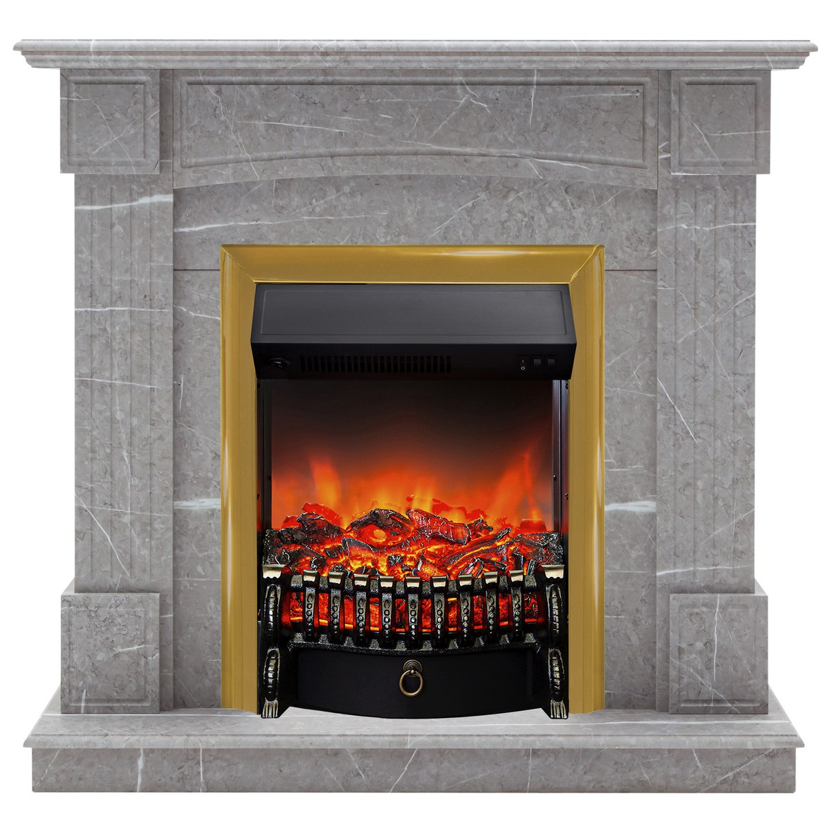 Электрокамин RealFlame Andrea STD GR цвет мрамор серый с очагом Fobos Lux Brass
