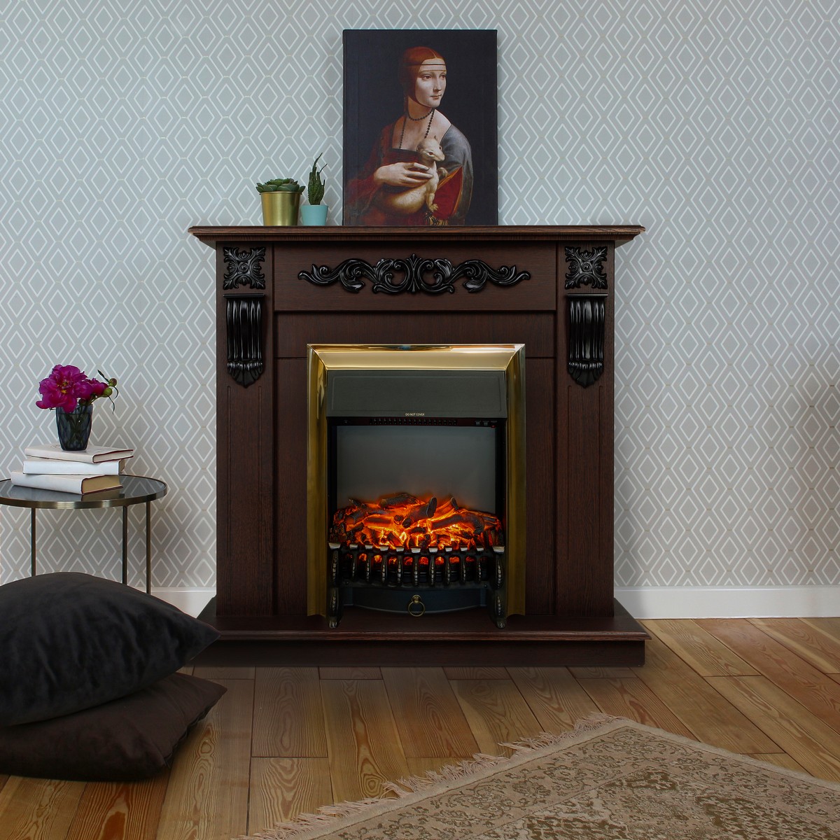 Электрокамин RealFlame Dominica DN орех с очагом Fobos Lux Brass
