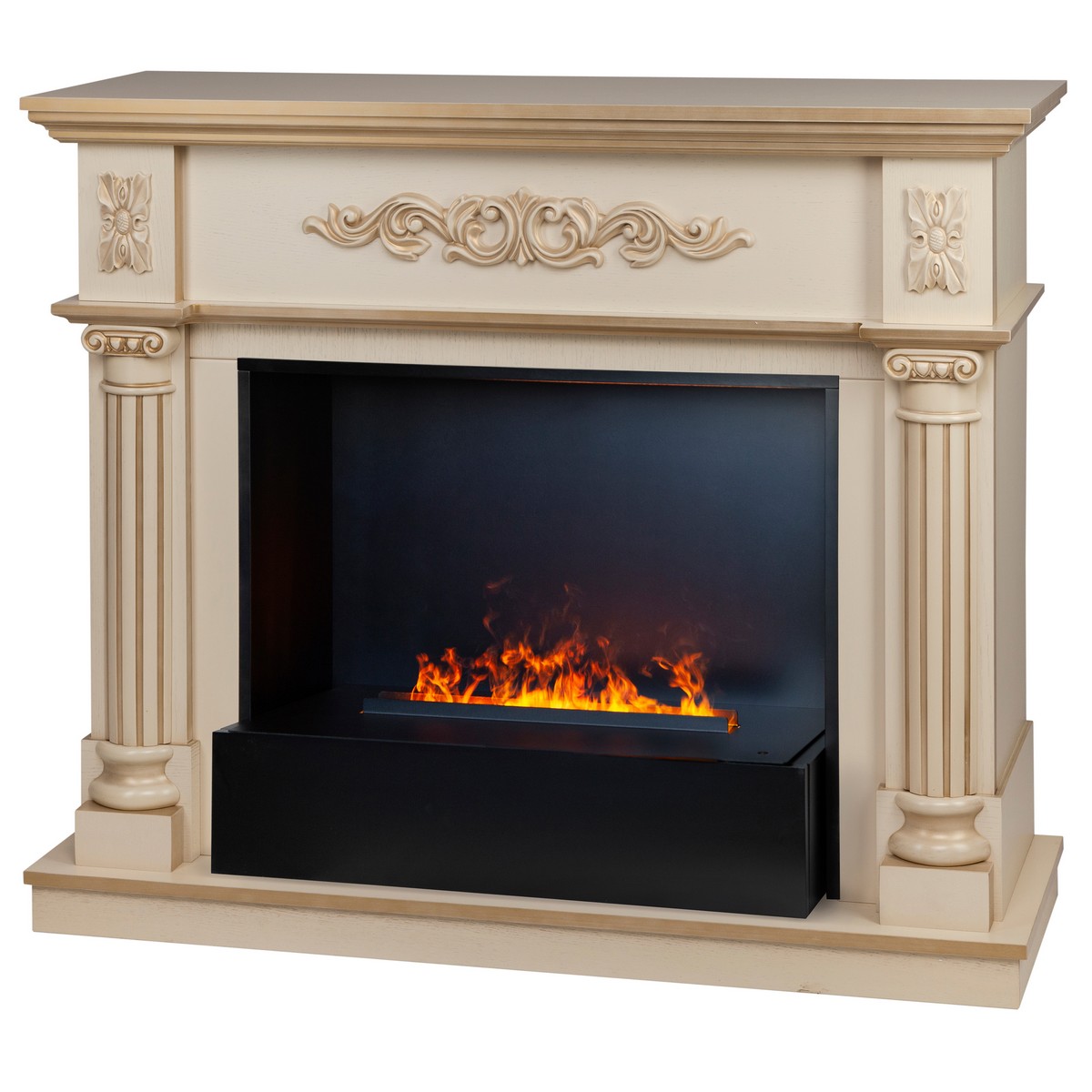 Электрокамин RealFlame Silvia 26 WT белый дуб с золотой патиной с очагом 3D Cassette 630 Black Panel