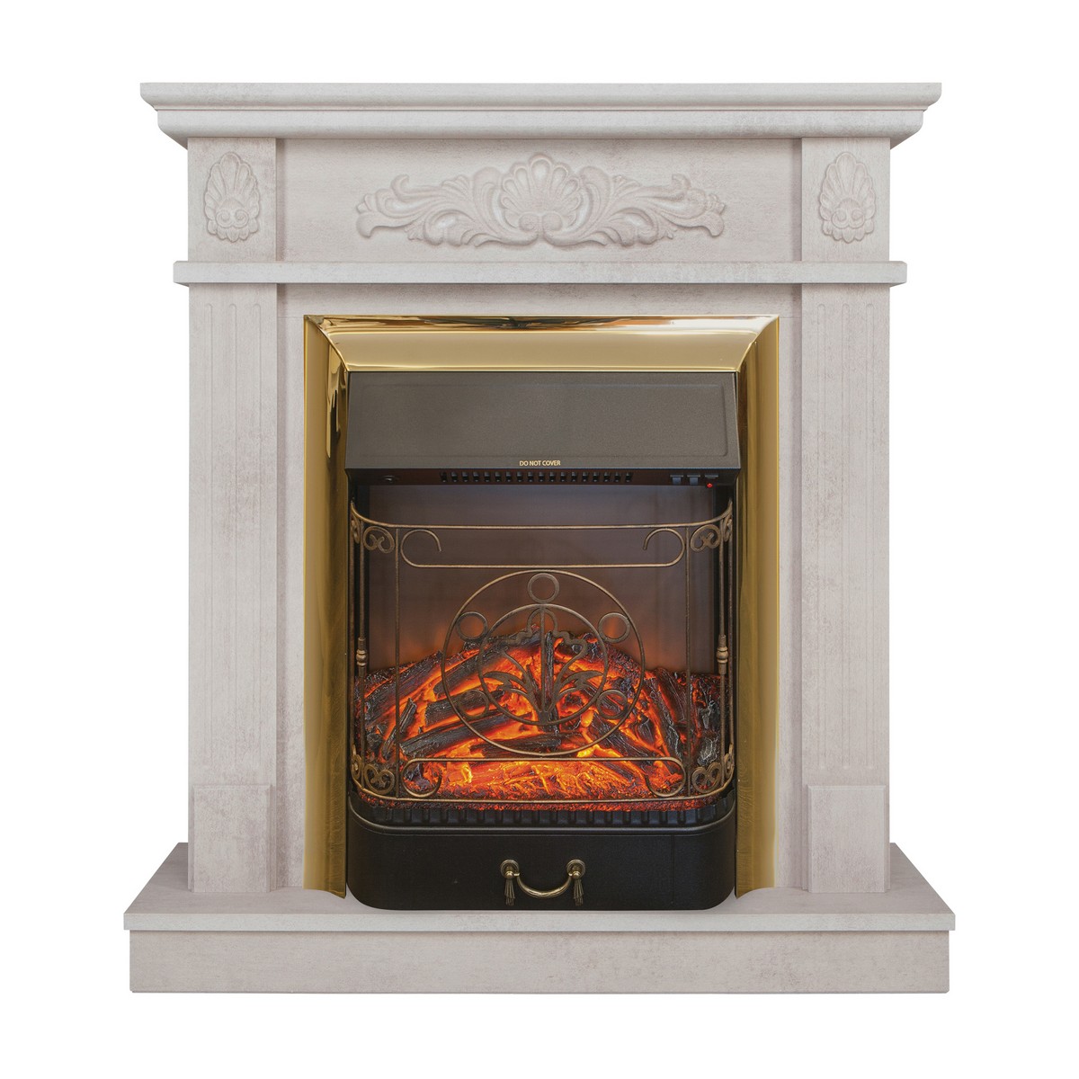 Электрокамин RealFlame Adelaida WT белый камень с очагом Majestic Lux Brass