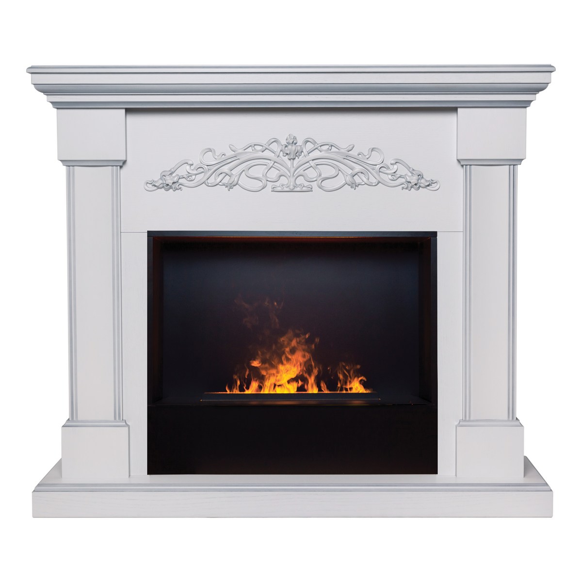 Электрокамин RealFlame Ofelia 26 WT дуб белый с серебряной патиной с очагом 3D Cassette 630 BLACK PANEL