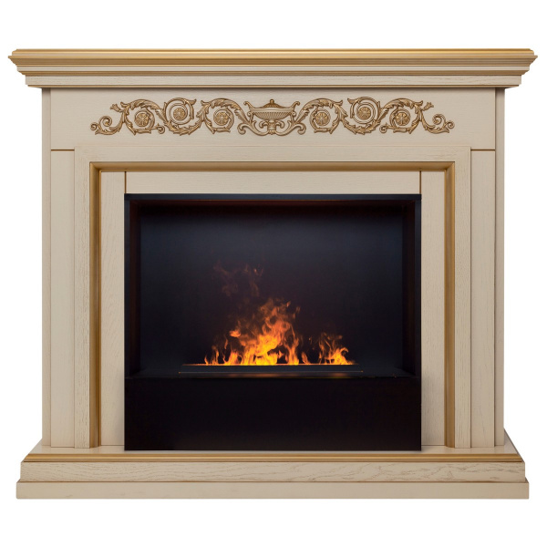 Электрокамин RealFlame Leticia 26 WT белый дуб с золотой патиной с очагом 3D Cassette 630 Black Panel