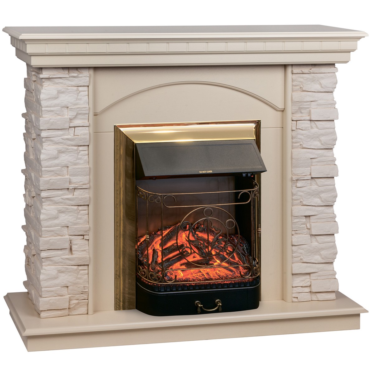 Электрокамин RealFlame Elford WT белый дуб с очагом Majestic Lux Brass