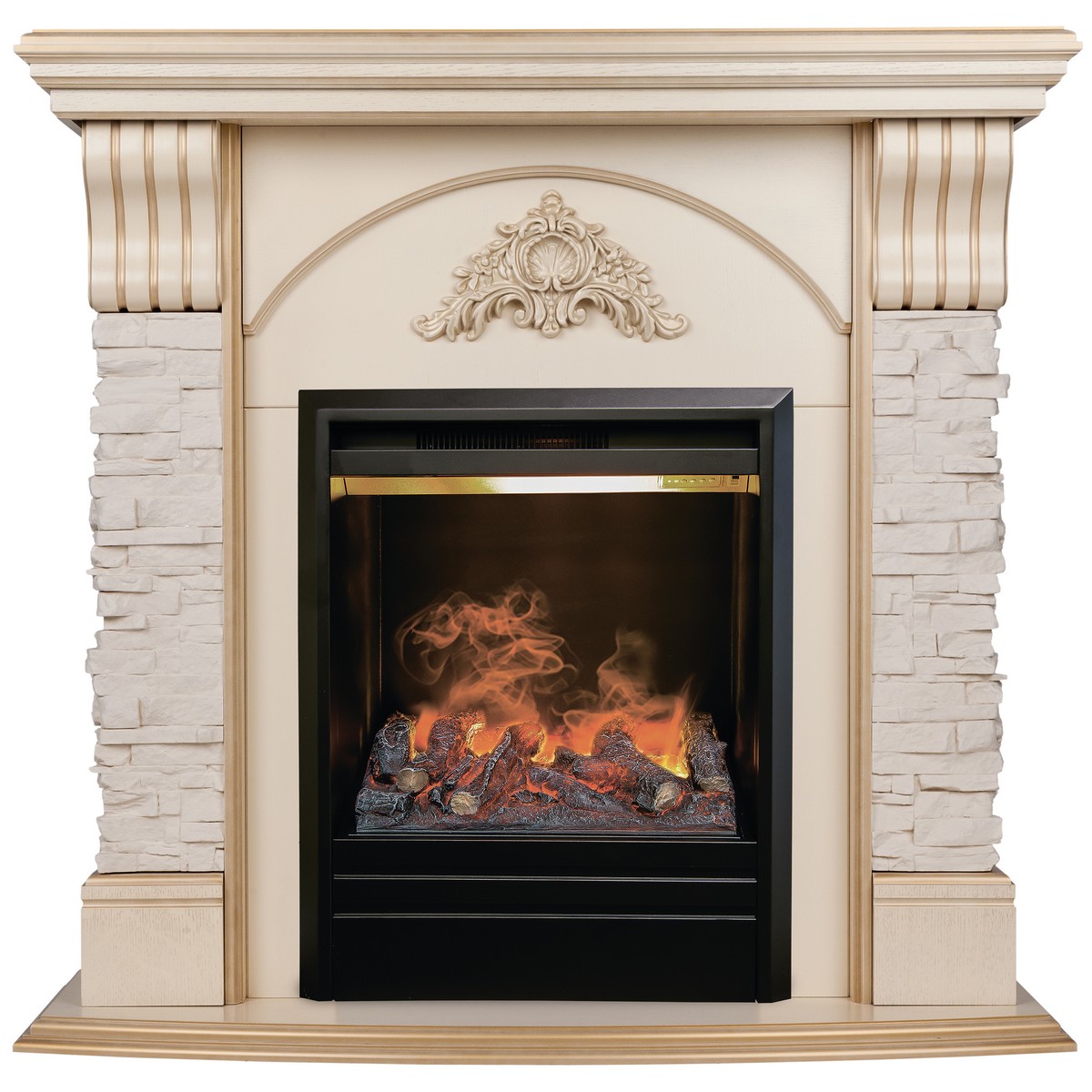 Электрокамин RealFlame Athena WT белый дуб с золотой патиной с очагом 3D Olympic