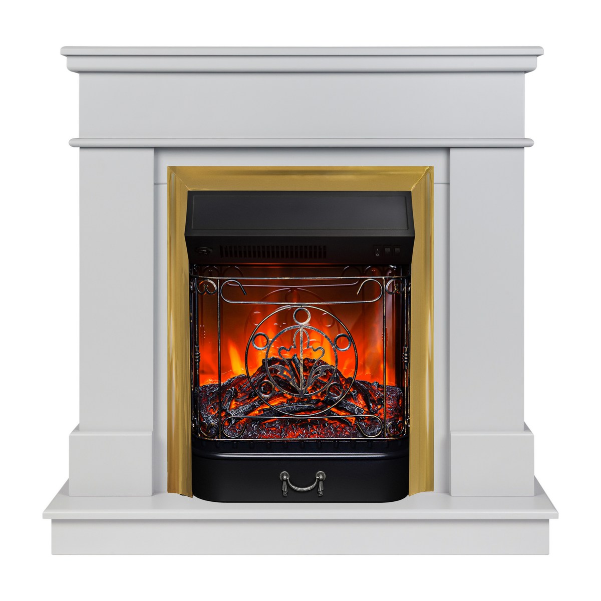 Электрокамин RealFlame Selena STD GR платиновый с очагом Majestic Lux Brass