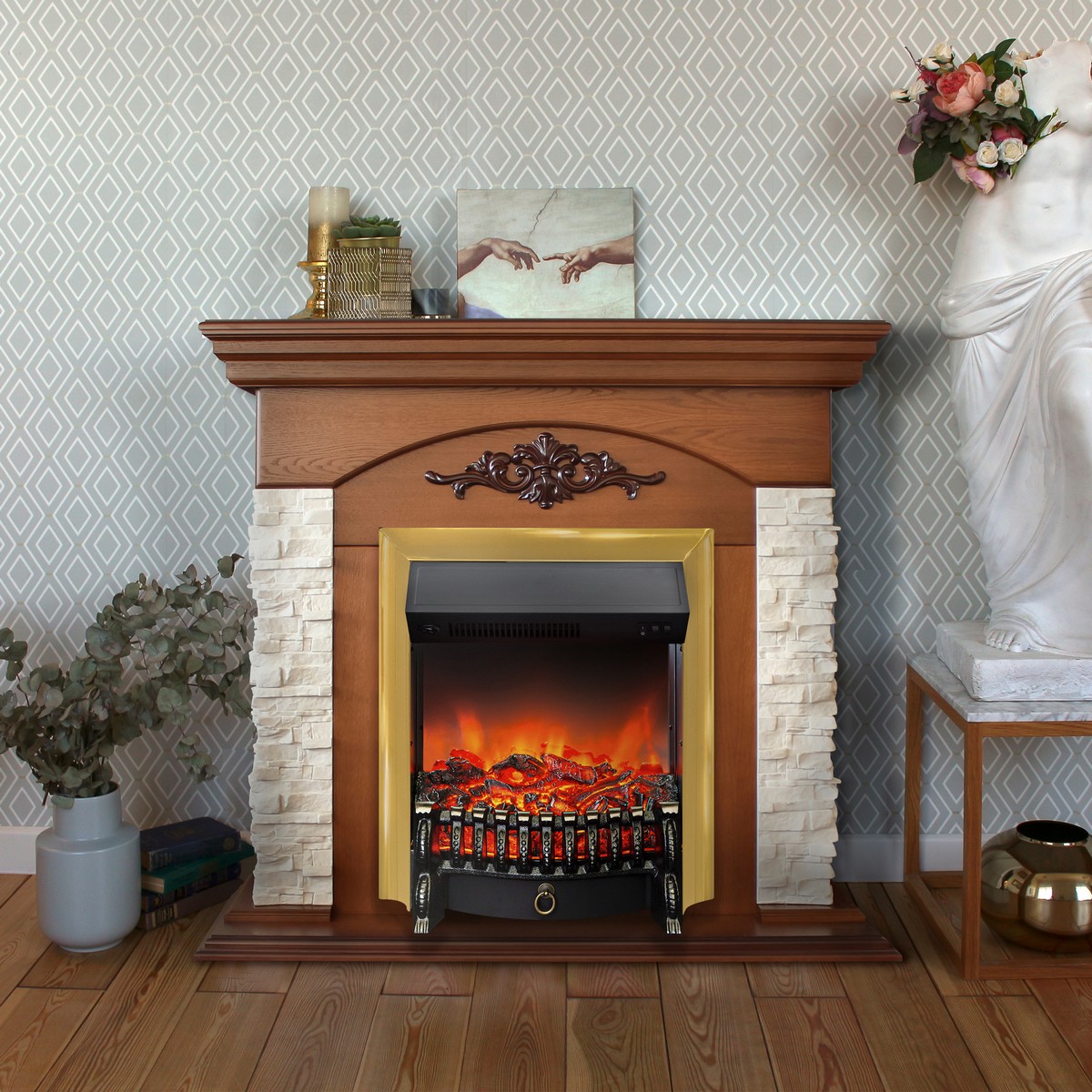 Электрокамин RealFlame Neapolis NT орех с очагом Fobos Lux Brass
