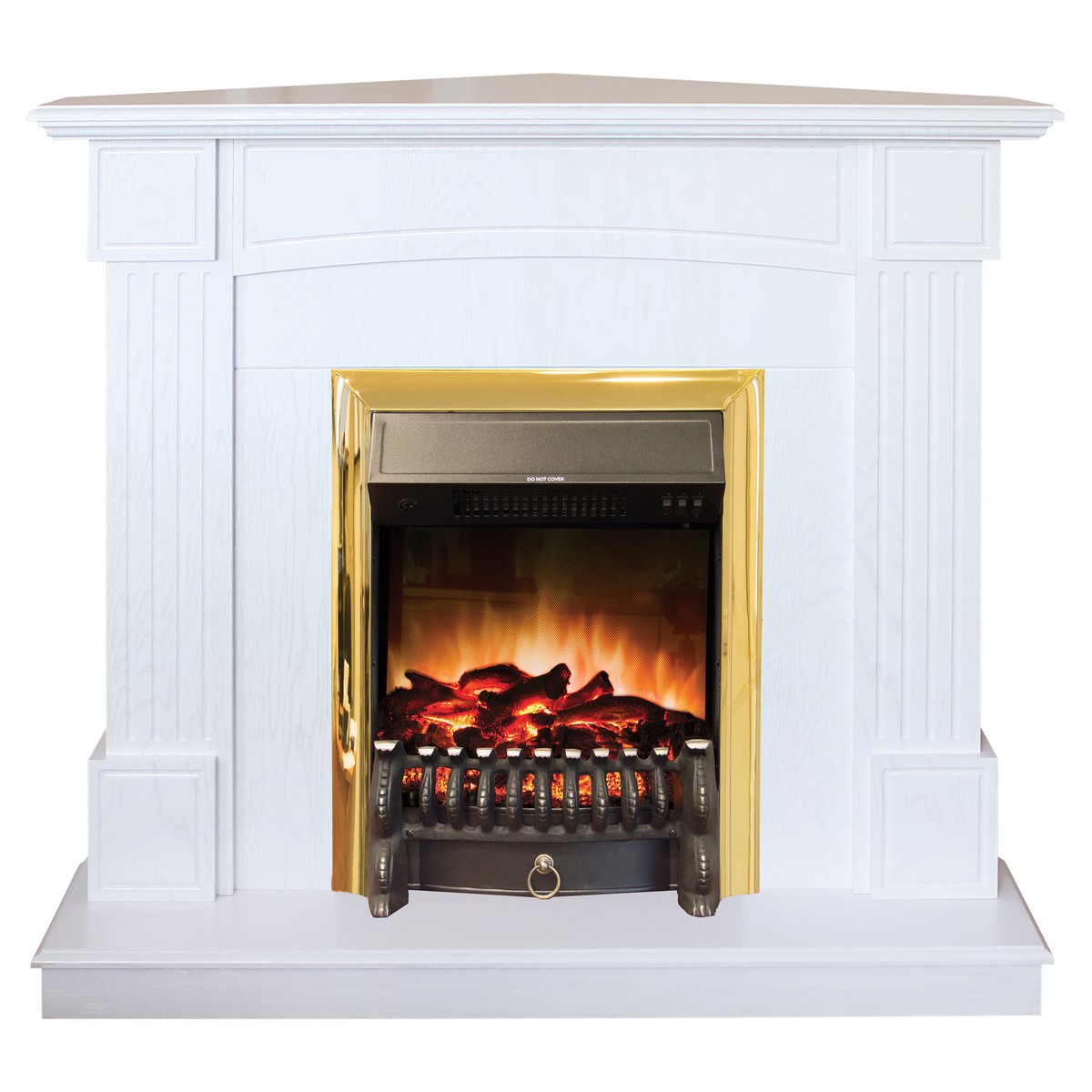 Электрокамин RealFlame Andrea Corner WT фактурный белый с очагом Fobos Lux Brass