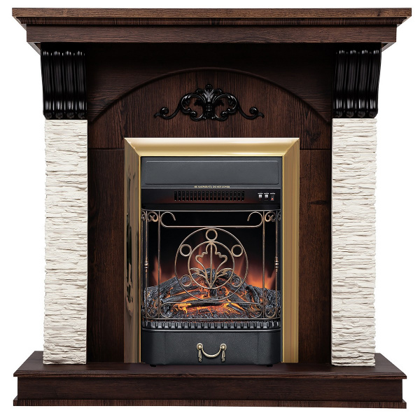 Электрокамин RealFlame Corfino NT орех с очагом Majestic Lux Brass
