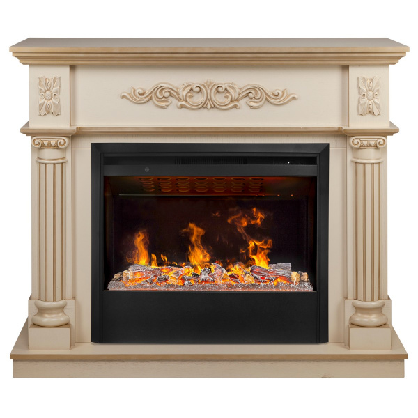 Электрокамин RealFlame Silvia 26 WT белый дуб с золотой патиной с очагом 3D Helios 26 SBG